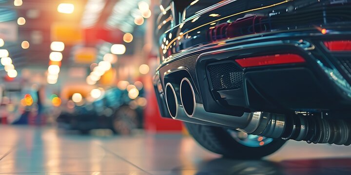 Close up view of exhaust tip muffler pipe of a modern car in the showroom