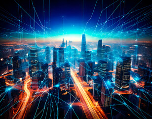 AI, complex computer network of interconnected nodes with data lines flowing between theml