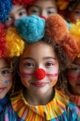 Obraz premium Portrait child funny clown disguise curly wig red nose, making funny face against colored background