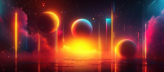 Fototapeta premium A vibrant cosmic scene featuring planets and colorful light beams against a surreal backdrop.