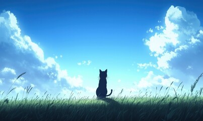 Silhouette of cat against blue sky, grassy field, fluffy clouds, serene atmosphere