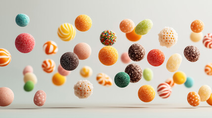 Colorful assorted candies in various shapes and patterns floating against a light background