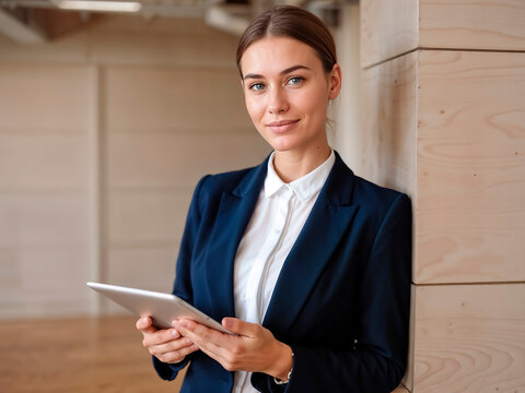 bonita joven mujer de negocios con traje formal sosteniendo una laptop mirando al frente sonrriendo en su trabajo