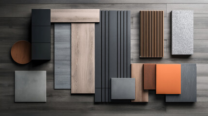 Assorted building and interior design materials including wood, fabric, and stone samples arranged neatly on a wooden surface in a geometric pattern