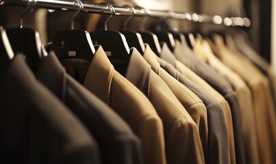 Obraz premium Men's suits collection hanging on rack, showcasing various shades of beige and gray, elegant display in boutique setting