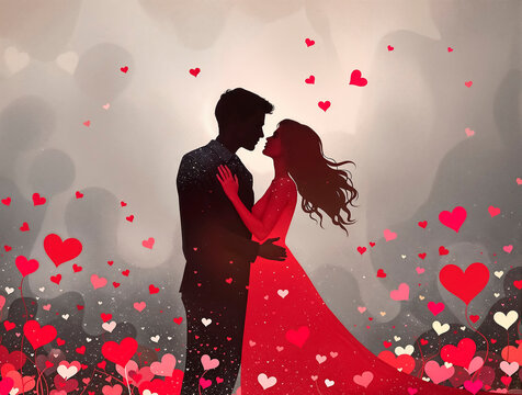 ilustracion de fondo con silueta de pareja con corazones al redor en entorno amoroso