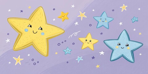 Charming Stars A gentle lavender background embellished with whimsical stars in bright yellows and blues each glimmering and slightly different in size evoking a sense of childlike