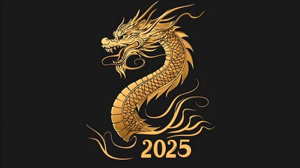 Obraz premium Golden Dragon 2025: An elegant and powerful golden dragon, soaring against a deep black background, embodies the spirit of strength, prosperity, and good fortune for the year 2025. 