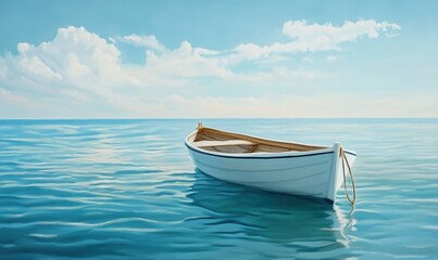 Serene boat floating on calm water, tranquil seascape with clear blue sky and soft clouds, peaceful atmosphere
