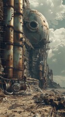 Fototapeta premium Design a side view of a post-apocalyptic wasteland featuring twisted