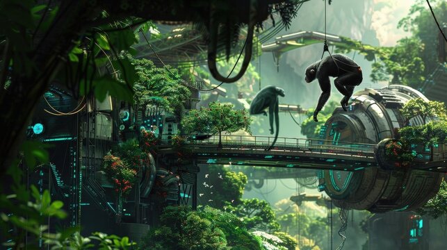 Design a sci-fi jungle setting at eye level