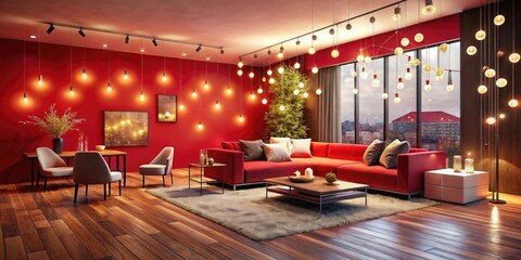 Modern Minimalistic Interior with Red Walls, Bokeh Lighting, and Chic Design Elements for Contemporary Living Spaces