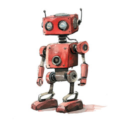 A watercolor drawing of a robot figurine, isolated on a white background. Robot figurine vector.