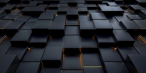 Fototapeta premium Abstract 3D rendering of dark cubes with glowing edges, creating a dynamic and modern texture.