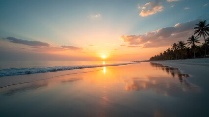 Obraz premium Serene sunset over palm-lined beach with reflective waves