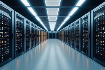 Fototapeta premium Modern data center corridor showcasing advanced server racks illuminated by bright LED lights at night