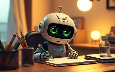 Cozy Robot Writing Scene