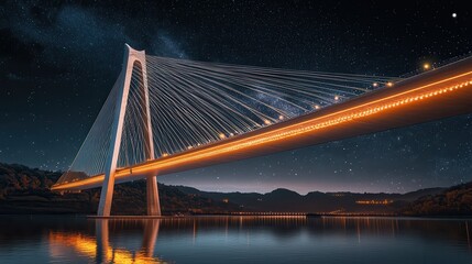 Obraz premium Web-Like Modern Bridge Illuminated by Orange Lights at Night