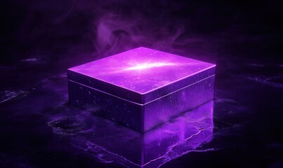 Fototapeta premium Mysterious purple box with glowing light, surrounded by mist and reflections. Enigmatic atmosphere, dark background, captivating design.