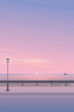 Seascape view from sidewalk with silhouette fishing boat followed by seagulls have dramatic sky vertical background graphic illustration.
