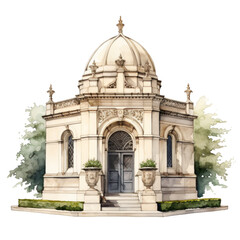 Obraz premium Watercolor rendering of an ornate, domed mausoleum, situated amidst greenery.