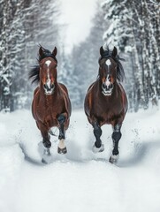 Galloping Horses on Snowy Path