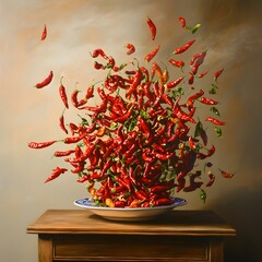 Naklejka premium Vibrant Explosion of Red Chili Peppers on a Wooden Table, Creating a Dynamic Culinary Art Scene with Background Smoke and Vibrant Colors in a Still Life Composition
