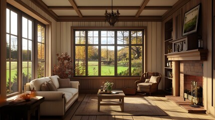 Fototapeta premium Cozy and Inviting Living Room with Large Windows Showcasing Autumn Landscape and Warm Natural Light in a Rustic Home Setting