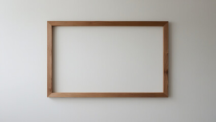 Empty wooden photo frame hanging on white wall