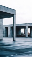 Obraz premium Modern Concrete Architecture with Minimalist Design Showcasing a Spacious Parking Area Surrounded by Geometric Structures and Limited Natural Light