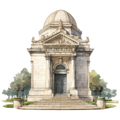 Neoclassical Mausoleum Architectural Watercolor Rendering with Domed Roof and Steps