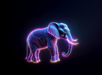 Fototapeta premium A vibrant, neon-lit elephant stands against a dark background. Its form is outlined with glowing purple and blue lines, creating a surreal, almost ethereal effect.