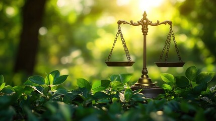 Golden scales of justice in lush green nature.