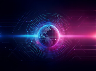 A glowing digital globe, encircled by vibrant pink and blue energy streams, represents global connectivity and technological advancement.  The image evokes a sense of speed, innovation, and futuristic