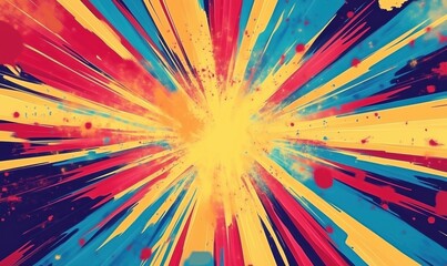 Colorful explosion of vibrant rays and splashes, dynamic abstract art with bright yellow center, radiating lines in red, blue, and orange hues