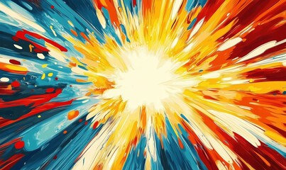Fototapeta premium Colorful explosion of vibrant hues, radiating energy and movement. Bright yellows, reds, blues create dynamic visual impact.