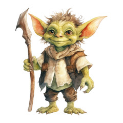 Fototapeta premium A whimsical, green goblin-like creature holding a spear, watercolor painting.