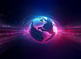 Obraz premium A glowing digital Earth, encircled by vibrant pink and blue energy streams, symbolizes global connectivity and technological advancement. Network lines pulse across its surface.