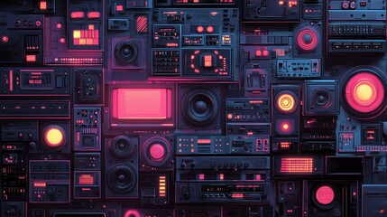 Fototapeta premium Retrofuturistic audio equipment collage.