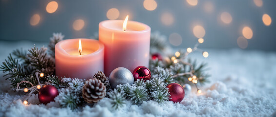 A warm and inviting Christmas scene featuring lit candles surrounded by festive decorations, including pine branches, red and silver baubles, and pinecones, creating a cozy holiday atmosphere.

