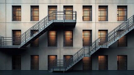 Obraz premium Exterior view of a building with barred windows and metal staircases, resembling a prison or detention facility. The lighting creates a stark and austere atmosphere.