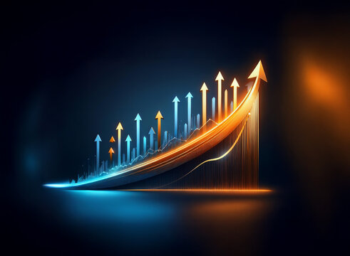 Glowing upward trend graph showcases exponential growth and success.  A symbol of progress and prosperity, visually appealing with a dark background.