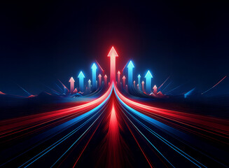 Red and blue neon arrows ascend a glowing highway, symbolizing growth and progress towards a bright future.  The dynamic composition suggests rapid advancement and potential.
