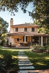 Obraz premium Large beige house with a welcoming porch seen from the backyard.