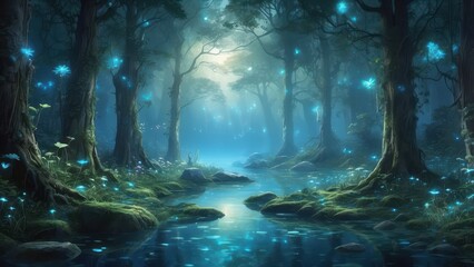 Enchanted forest landscape with magical glowing lights and serene river, a captivating fantasy scene perfect for book covers, game backgrounds, and immersive digital art projects