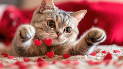 Playful Cat Surrounded by Red Heart Decorations