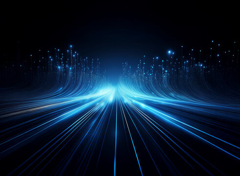 Abstract digital art depicting a glowing blue highway stretching into a dark, starlit horizon.  The light streaks create a sense of speed and movement.