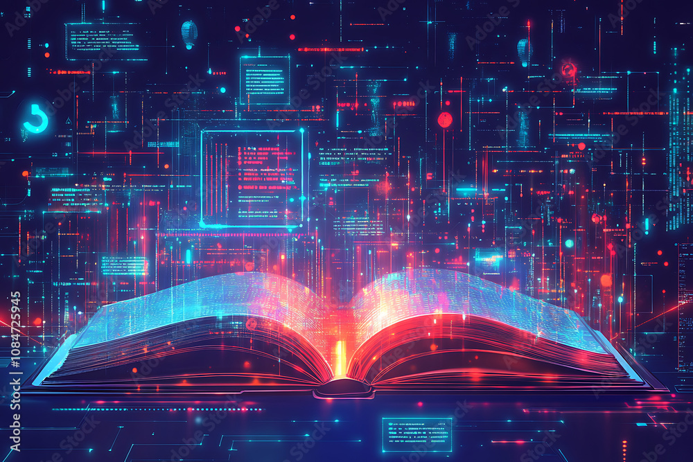 Poster an open book surrounded by digital data and code, symbolizing knowledge and technology.