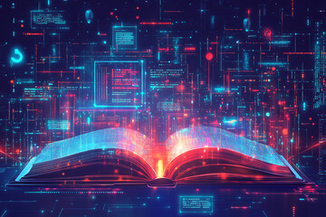 Obraz premium An open book surrounded by digital data and code, symbolizing knowledge and technology.