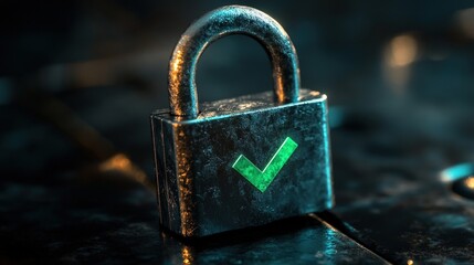 Fototapeta premium Grungy padlock with green checkmark, signifying security and safety.